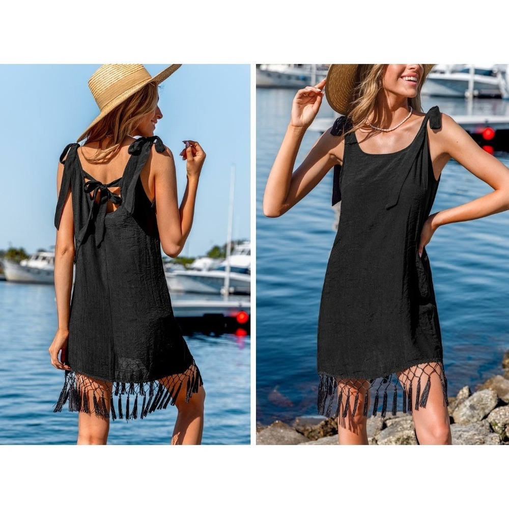 NEW Women's Black Tassel‎ Fringe Swim Cover Up Dress Size Small Boho Beach